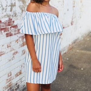 Blue and White Striped Off-The-Shoulder Dress